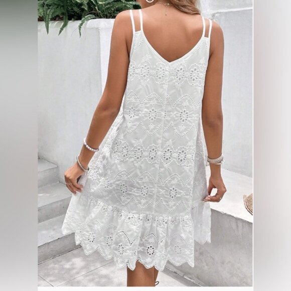 French Eyelet Embroidery Ruffle Hem Cami Dress White - Picture 3 of 5